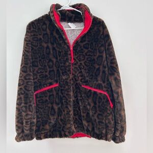 Leopard Print Faux Fur Jacket with Red Accents